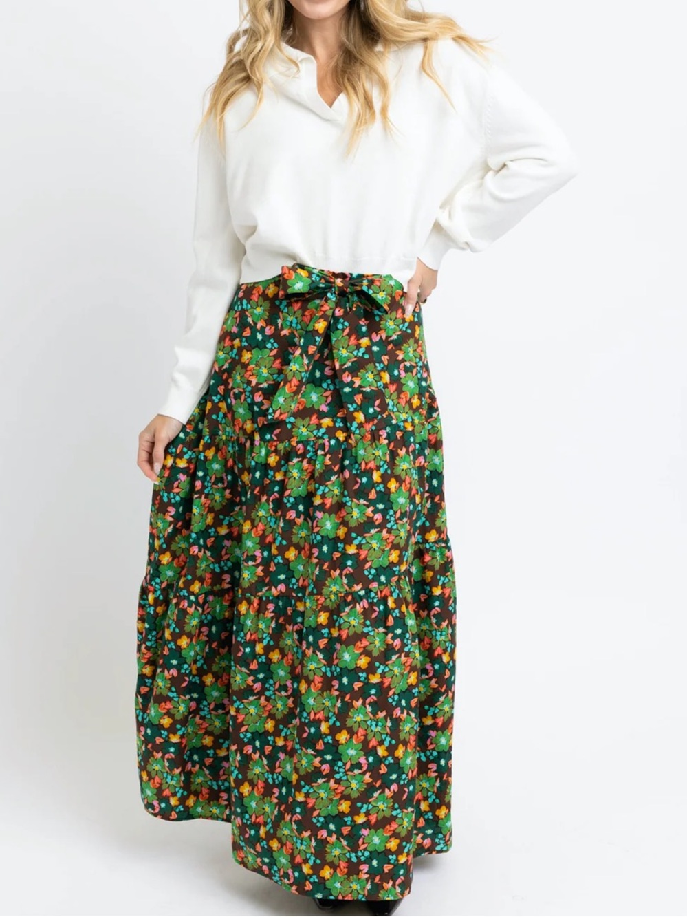 Karlie Boutique Bow-Tie Front Green/Brown Maxi Skirt NWT Medium $118 100% Cotton
